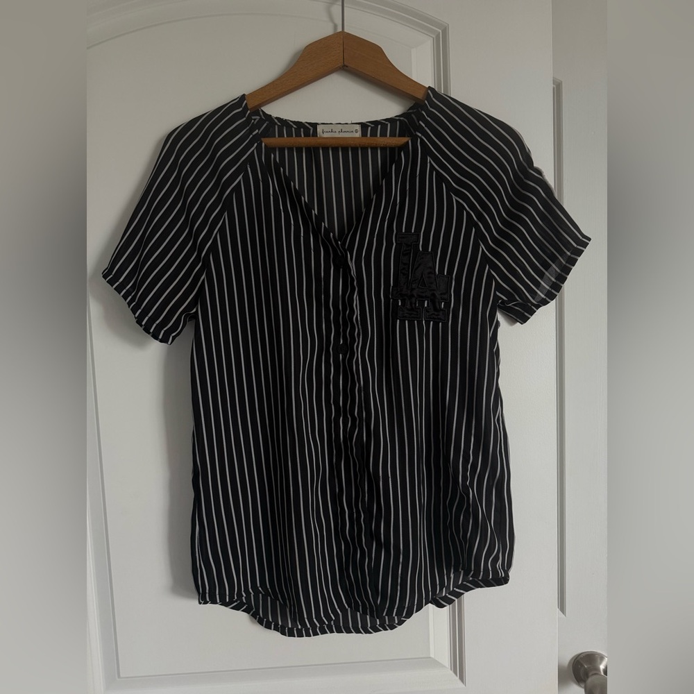 Frankie Phoenix Black Striped Women's Top LA Embroidered Size S